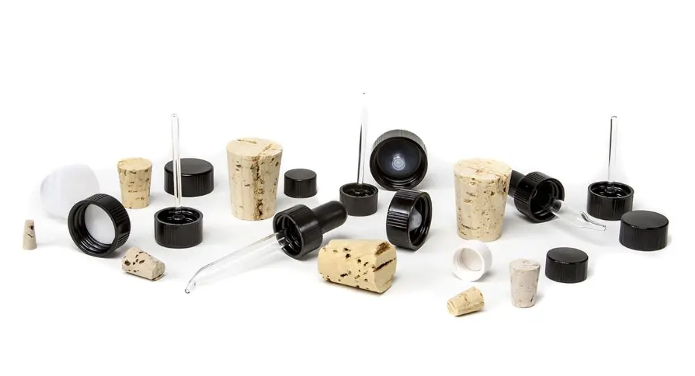 Group of different type of Closures, corks, stoppers, droppers, pipettes, and screw thread